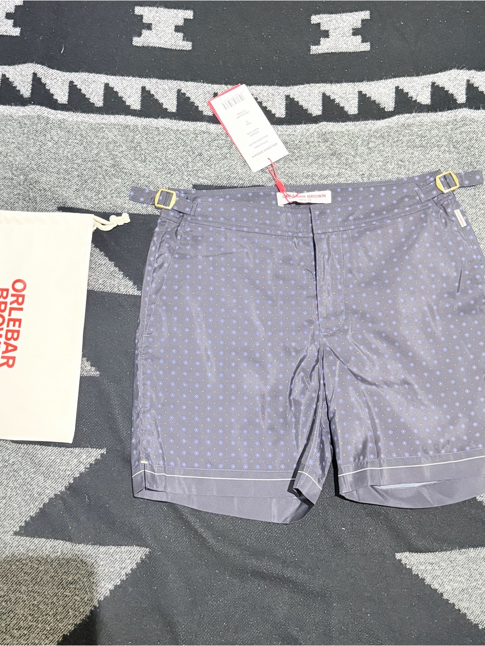 Orlebar Brown Men’s Navy Swim Trunks with Light Blue Dot Print